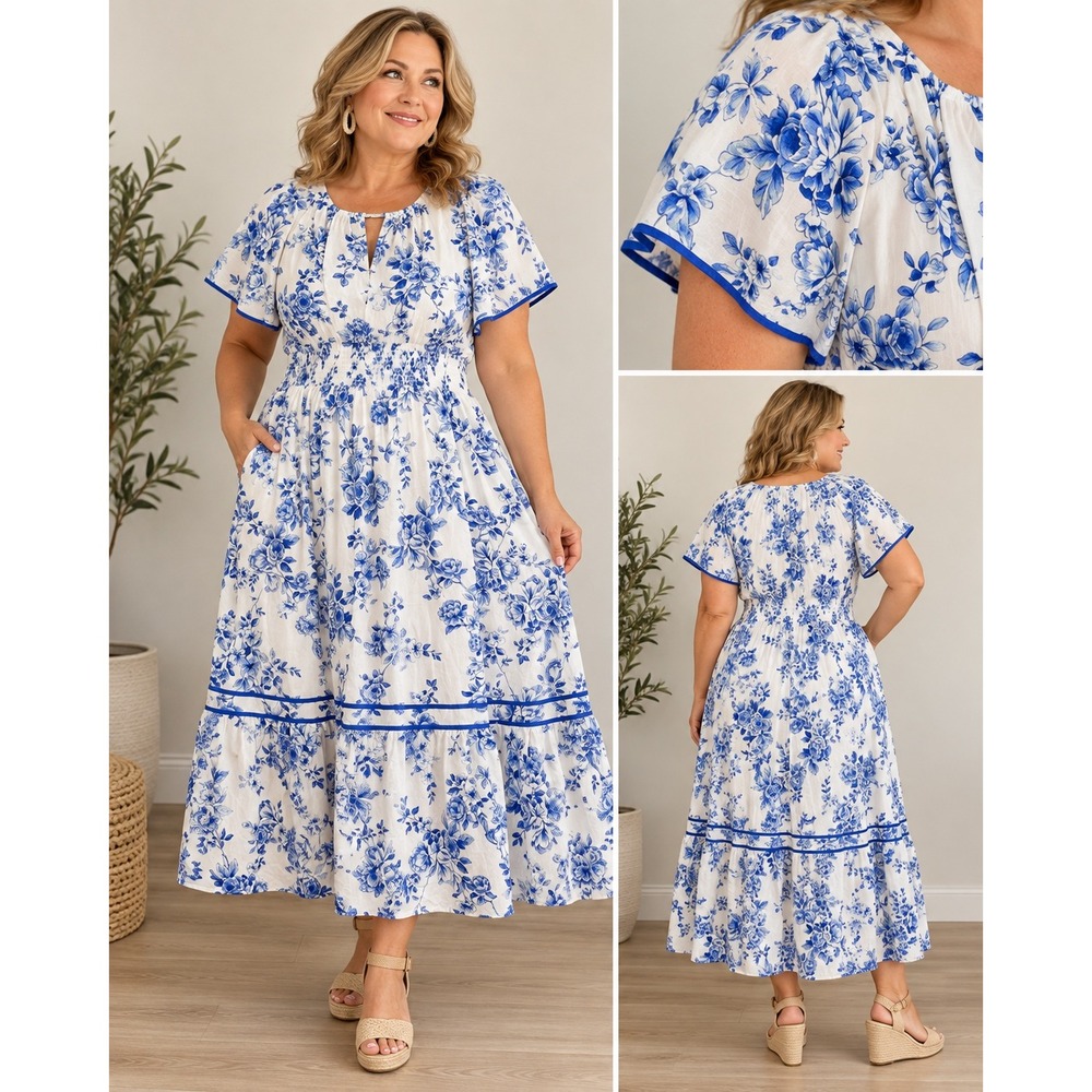 Sugarlips Blue White Toile Cotton Maxi Dress Smocked Waist Pockets 2X Wedding